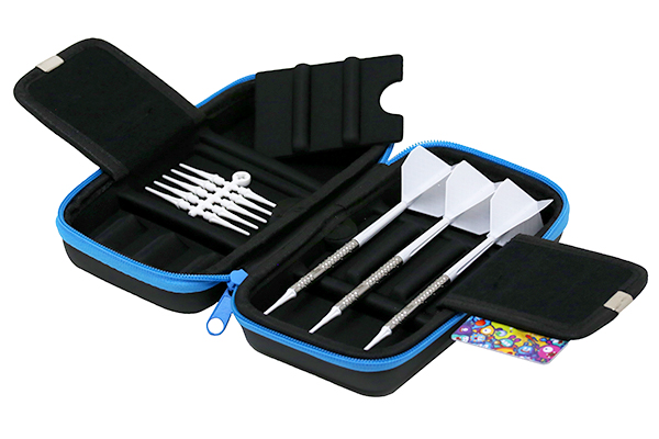 Three white metal darts placed in a dart case